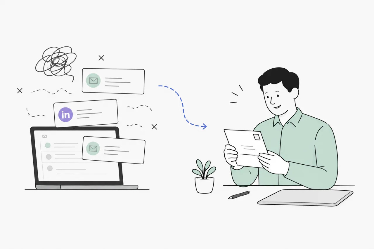 Illustration: Ein Entscheider liest einen personalisierten PostPal-Brief, während digitale B2B-Marketing-Kanäle auf einem Laptop unbeachtet bleiben