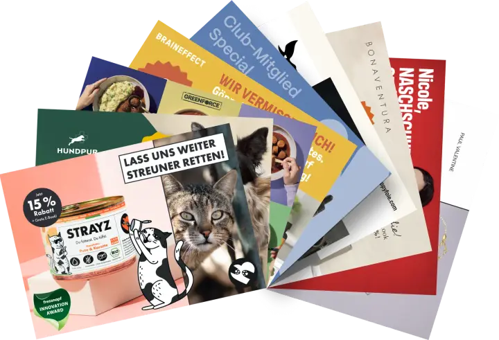 Aufgefächerte personalisierte Marketing-Postkarten von DTC-Marken wie STRAYZ, HUNDPUR, BRAINEFFECT, GREENFORCE, BONAVENTURA und Paul Valentine, mit PostPal gedruckt und versendet für Winback- und Direct-Mail-Kampagnen