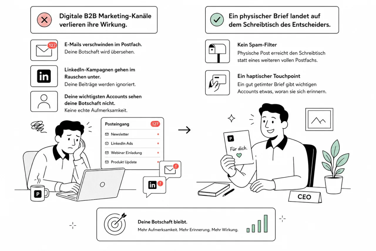 Illustration zum Vergleich digitaler B2B-Marketing-Kanäle mit einem physischen PostPal-Brief, der einen Entscheider erreicht