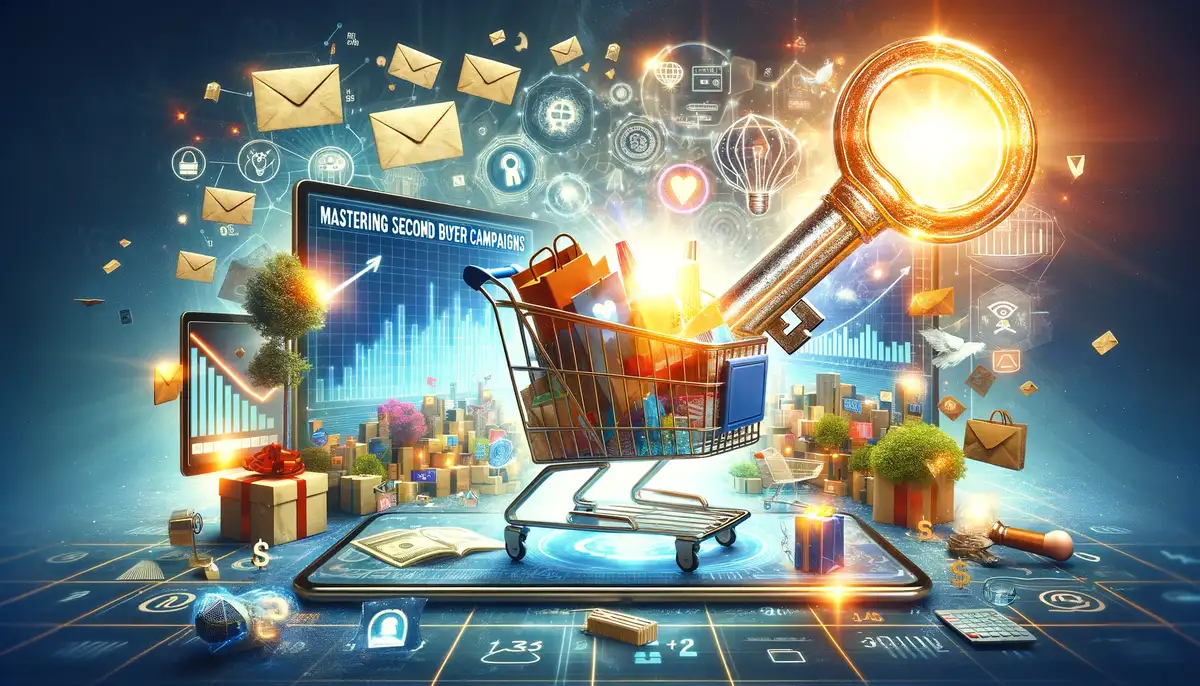 Shopping Cart, E-Mails und Briefumschläge, die eine Zweitkäufer-Markering-Kampagne symbolisieren