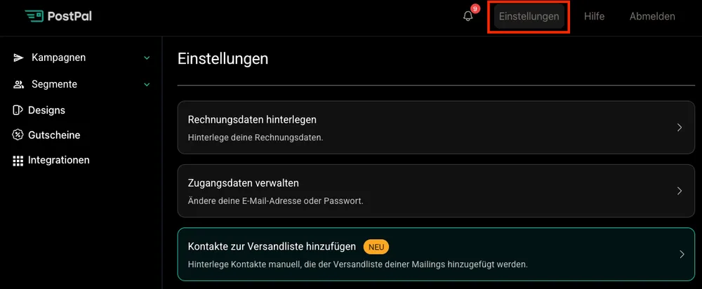 PostPal settings: add your own contacts to the shipping list