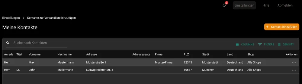 Shipping list in PostPal with an added contact