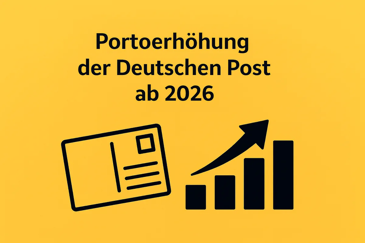 Illustration zur Portoerhöhung der Deutschen Post: Postkarten-Symbol und Balkendiagramm mit Aufwärtspfeil für steigende Portokosten.