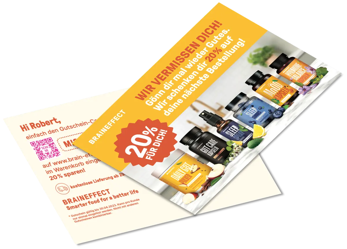 Campaign visual for How BRAINEFFECT used postcards to win back hard-to-reach customers