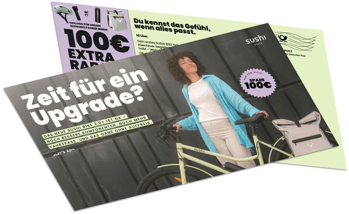 Campaign visual for How SUSHI Bikes used Maxi postcards to activate inactive customers for a product launch
