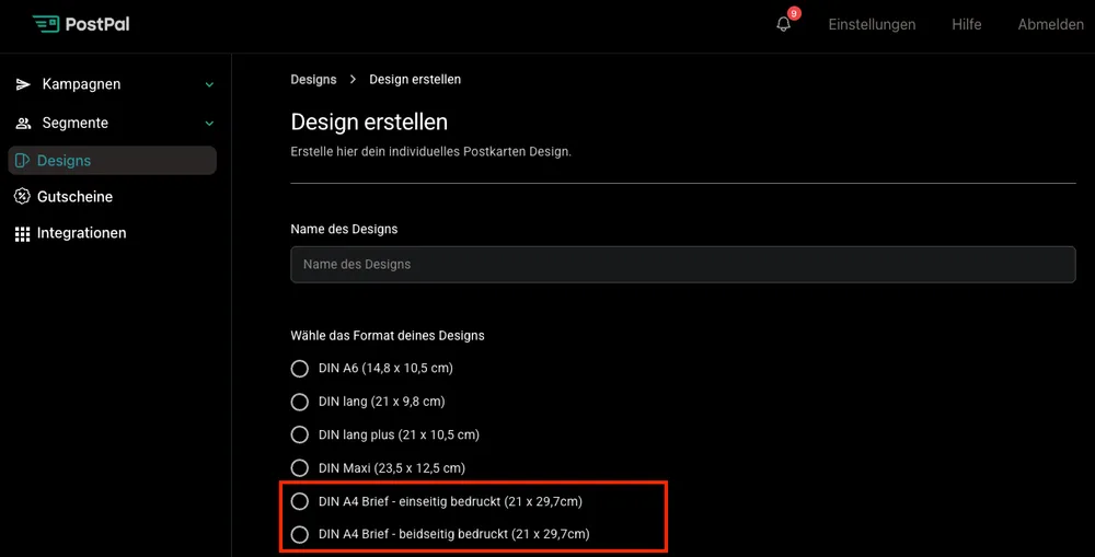 PostPal feature: select DIN A4 format in self-service