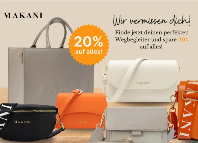 MAKANI Winback-Postkarte „Wir vermissen dich" mit 20 % Rabatt auf vegane Handtaschen zur Reaktivierung inaktiver Kunden, gedruckt und versendet mit PostPal