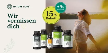 Nature Love Winback-Postkartenmotiv mit 15 % Rabatt und 5 % Cashback für eine PostPal Direct-Mail-Kampagne