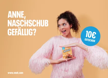 NEOH Winback-Postkartenmotiv mit 10 € Gutschein für eine PostPal Direct-Mail-Kampagne