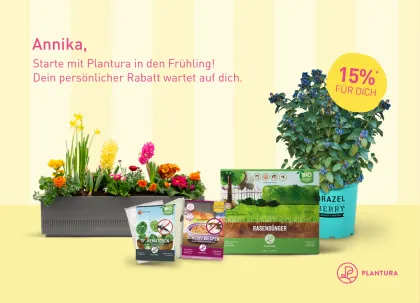 Personalisiertes Plantura Frühlingsmotiv mit 15 % Rabatt für eine PostPal Direct-Mail-Kampagne