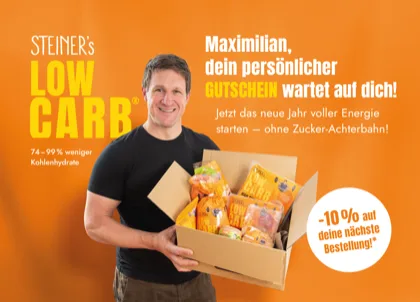 Steiner's Food Neujahrs-Postkartenmotiv mit 10 % Gutschein für eine PostPal Direct-Mail-Kampagne