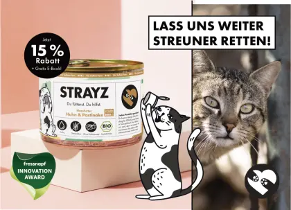 STRAYZ Winback-Postkartenmotiv für Katzenfutter mit 15 % Rabatt für eine PostPal Direct-Mail-Kampagne