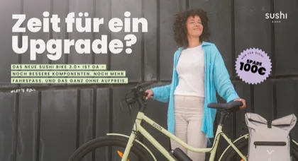 SUSHI Bikes Upgrade-Postkartenmotiv mit 100 € Rabatt für eine PostPal Direct-Mail-Kampagne