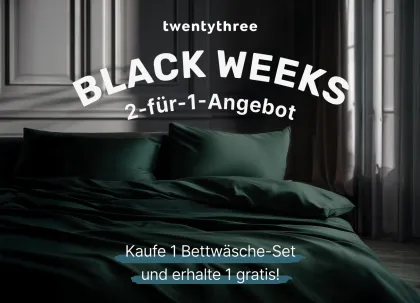 twentythree Black-Weeks-Postkartenmotiv mit 2-für-1-Bettwäsche-Angebot für eine PostPal Direct-Mail-Kampagne