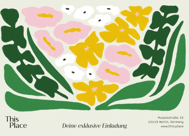 This Place Einladungs-Postkarte mit floralem Motiv und Berliner Store-Adresse, gedruckt und versendet mit PostPal zur Online- und Offline-Kundenaktivierung